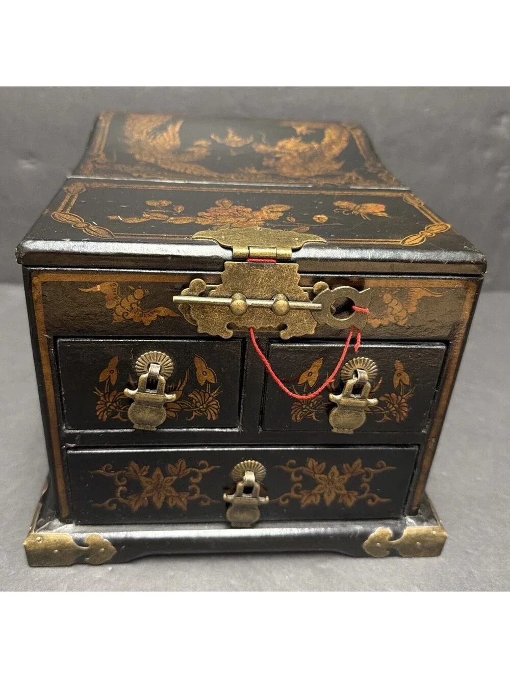 Pier 1 2011 Chinese Jewelry Chest Box Mirror Drawers Black Lacquer Dragons “key”
